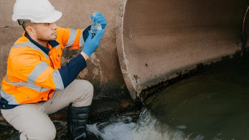 Technician in safety gear gathers a water sample from a pipe outflow for analysis