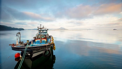 Fishing trawler with rope and rubber tyre fenders moored on a glassy sea at sunrise with distant volcanic peak